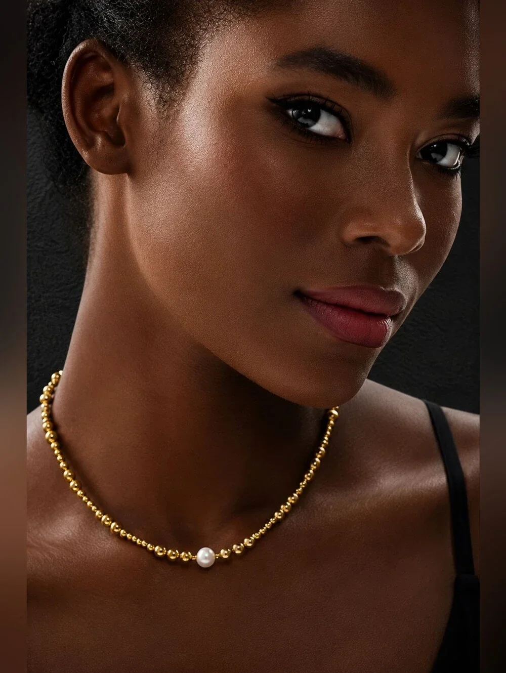 Gold Beaded Necklace with Pearl Accent